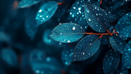 Teal raindrop leaves glow against deep blurred background.