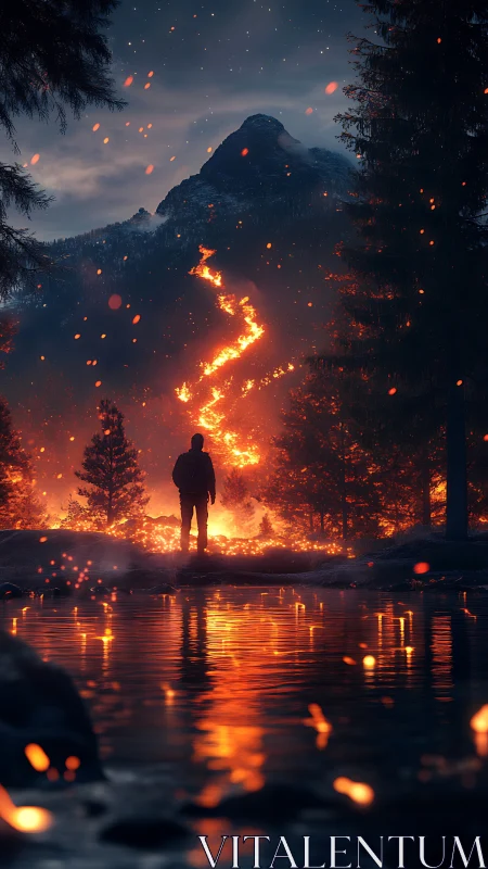 Solitary Figure Confronts Wildfire Path Through Mountain Forest.