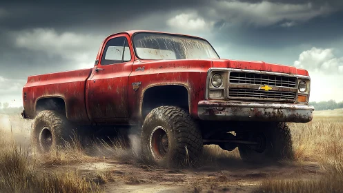 Weathered red pickup truck powers through a muddy open field