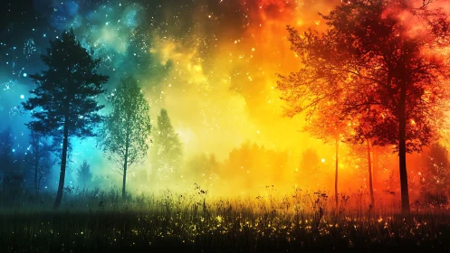 Enchanted forest glows in ethereal blue and fiery gold light
