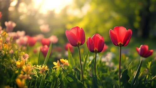 Red tulips with yellow flowers in garden setting.