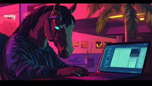 Neon-lit horse hacker quietly crafting code by night.