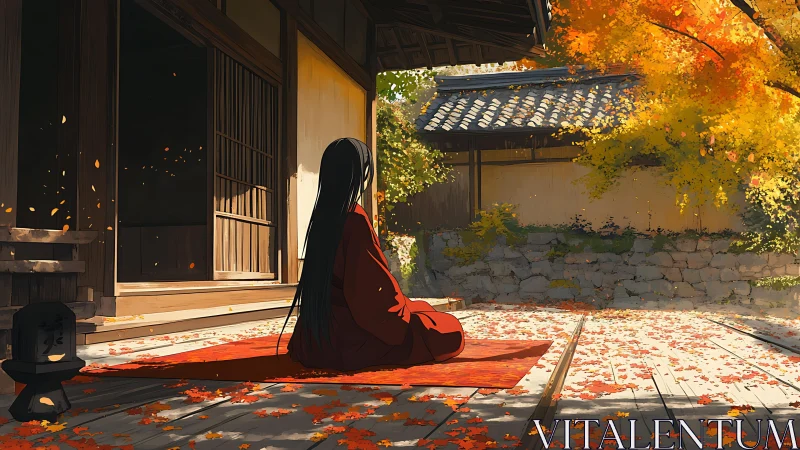 Autumn courtyard meditation in traditional Japanese engawa.