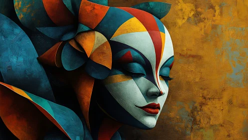 Chromatic faceted visage with sculptural geometric planes.