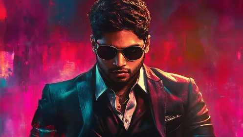 Stylish man in sunglasses stands in neon cinematic glow