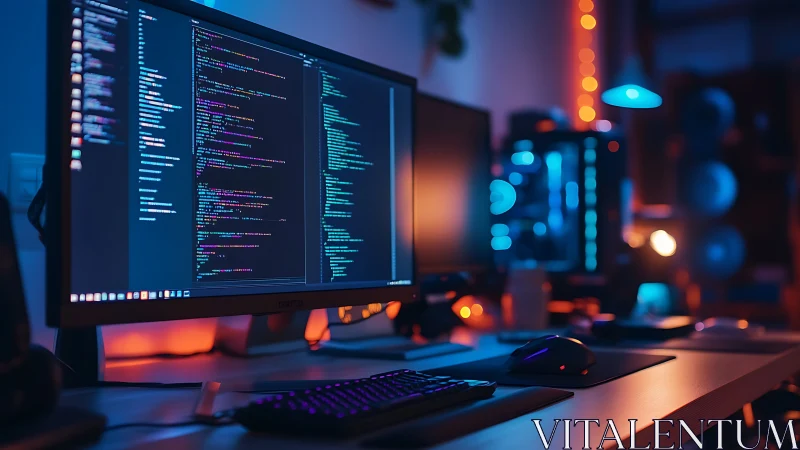 Ultrawide IDE workspace in neon-lit high-performance dev studio.