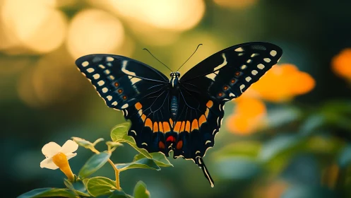 Iridescent black butterfly poised in warm bokeh garden glow.