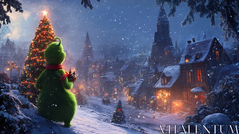 Green creature gazes at glowing Christmas tree in snowy town