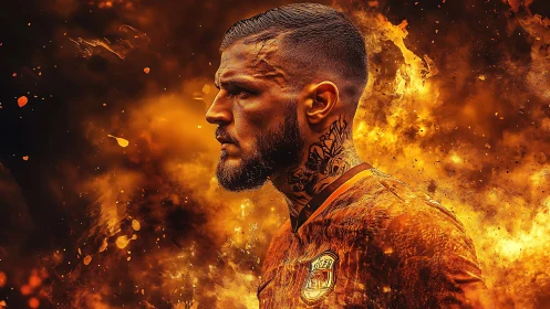 Tattooed footballer in orange kit enveloped by blazing flames