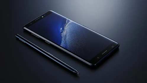 Premium smartphone with stylus on dark surface.