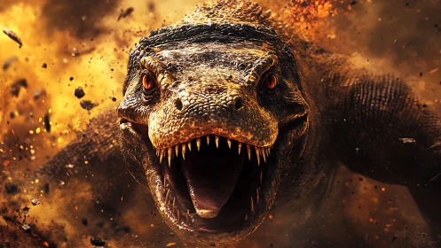 Roaring dinosaur charges through fiery exploding debris scene.