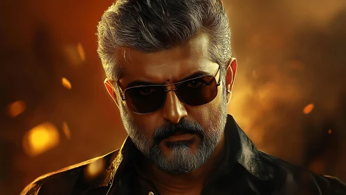 Smoldering silver‑haired rebel in molten amber glare.