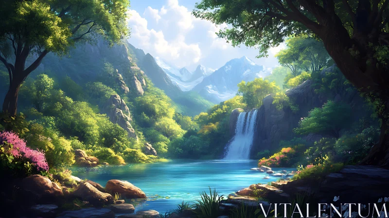 Sunlit alpine waterfall cascades into a turquoise forest lake