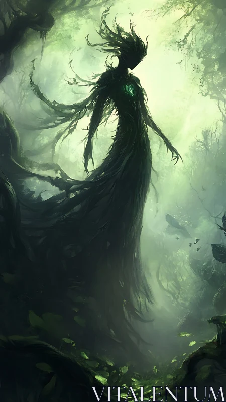Silhouette of arboreal humanoid figure in dense misty forest.