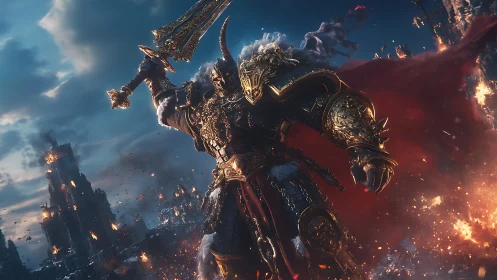 Armored horned warrior with sword in burning fantasy city.