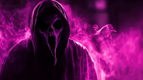 Hooded skeletal figure in magenta smoke on dark background.