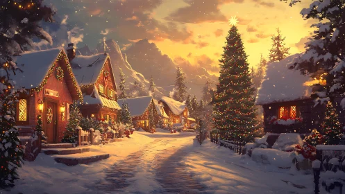 Snowlit Christmas village street under glowing sunset sky.