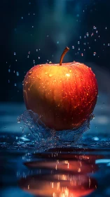 Golden red apple captured in dramatic water splash motion.