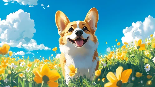 Corgi runs through sunlit wildflower meadow under blue sky.