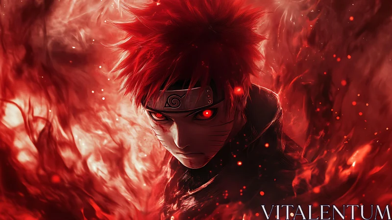 Red haired anime warrior emerges from swirling red flames