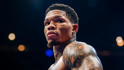 Tattooed man, serious expression, stage lighting backdrop