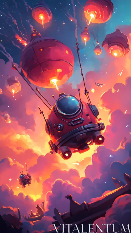 Skyward rescue pods drift through blazing nebula clouds.