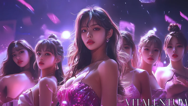 Glamorous girl group shines under neon purple club lights.