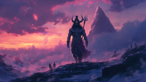 Mythic warrior strides through misty mountains at sunrise.