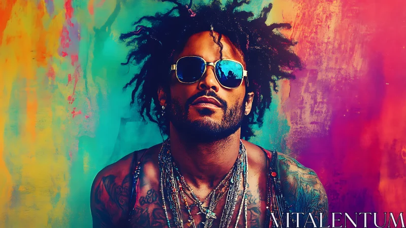 Portrait depicts tattooed man with sunglasses before gradient wall