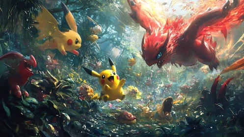 Pikachu and red dragon engage in dynamic forest battle scene