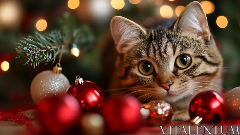 Curious Christmas kitten nestled among sparkling ornaments.
