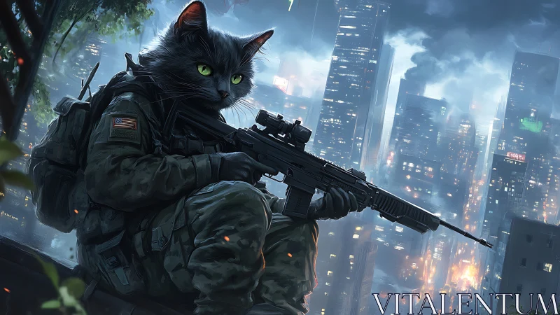 Anthropomorphic commando cat with rifle scans burning cyberpunk city