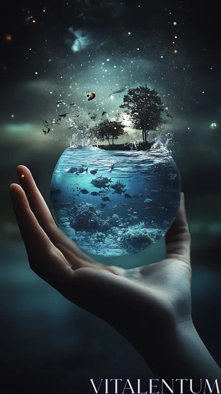 Hand cradles aquatic globe with exploding trees and cosmos.