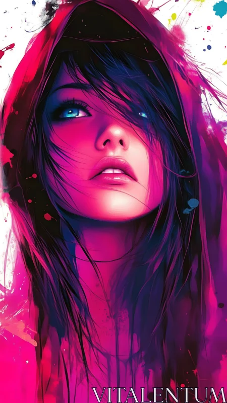 Vibrant neon portrait depicts hooded girl in saturated magenta light