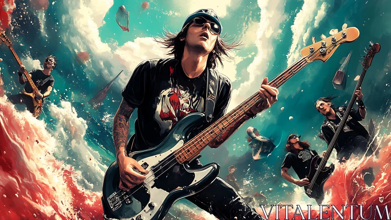 Rock band musicians with guitars in dynamic ocean scene.