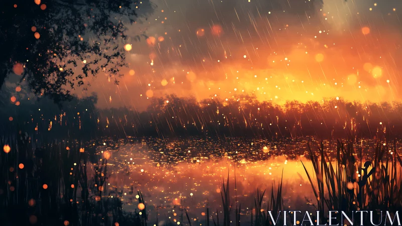 Rainlit lake reflects blazing sunset across distant treeline