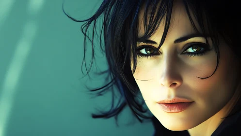 Intense teal portrait highlights vivid green eyes, soft light.