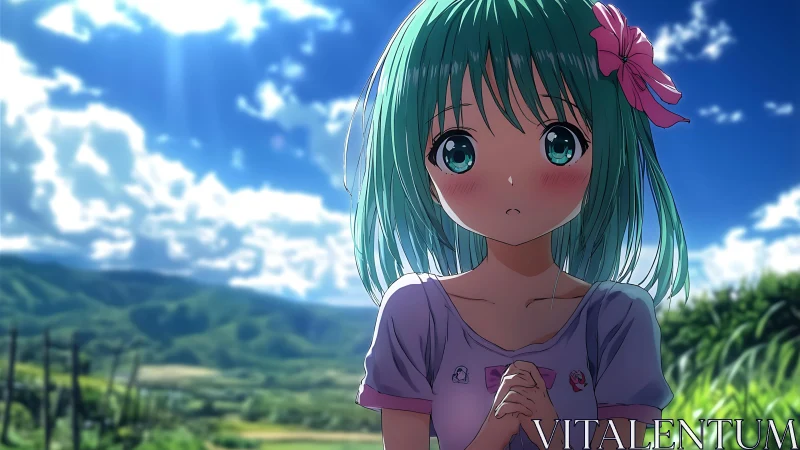 Soft-lit anime portrait with depth-of-field rural landscape background