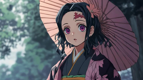 Kimono-clad girl under parasol in soft forest bokeh lighting.