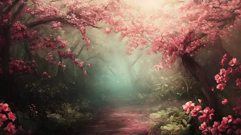 Garden pathway lined with pink flowering trees and undergrowth vegetation