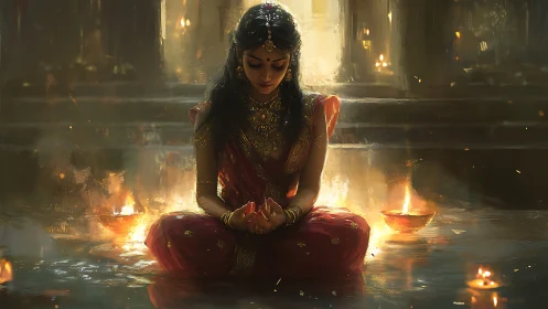 Meditating woman surrounded by ritual diya firelight.