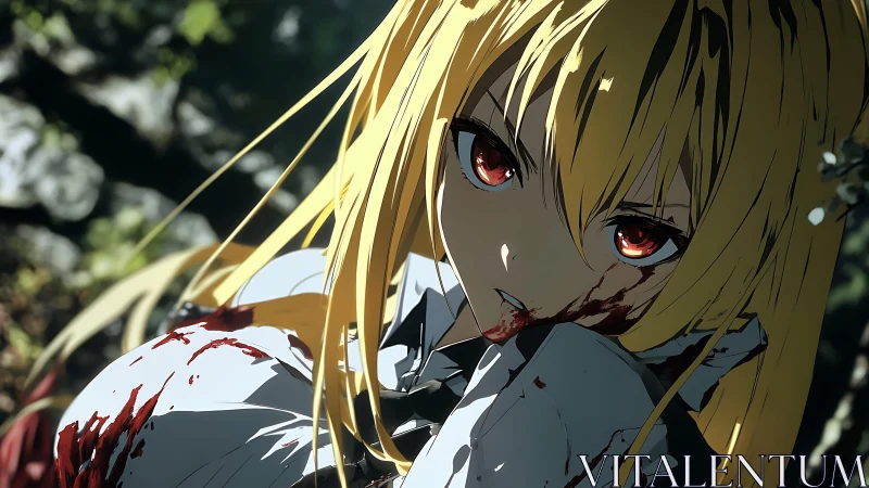 Vampiric anime girl stares fiercely through dappled forest light