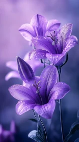 Purple Bellflowers with Dew Drops: Macro Floral Study.