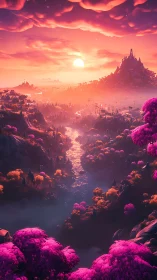 Radiant magenta valley sunset renders stylized fantasy terrain