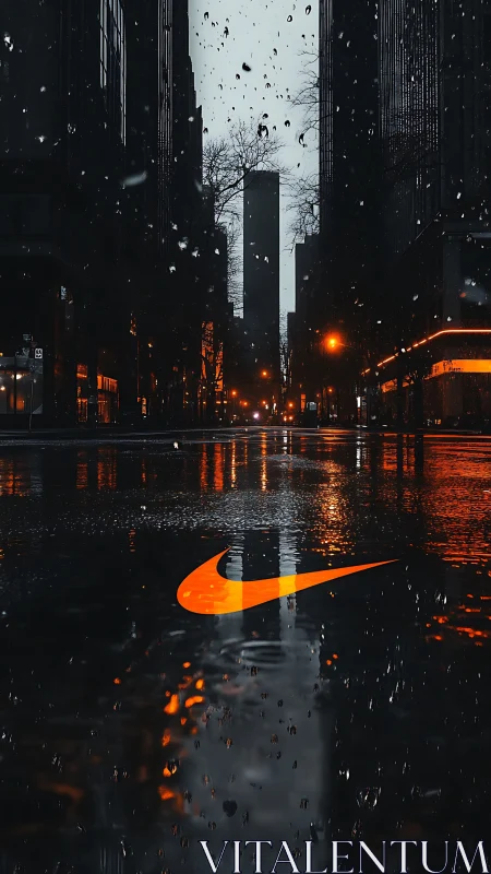 Neon swoosh reflected in cinematic rainy downtown corridor