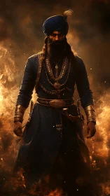 Digital painting of a warrior sikh leader in blazing inferno field.