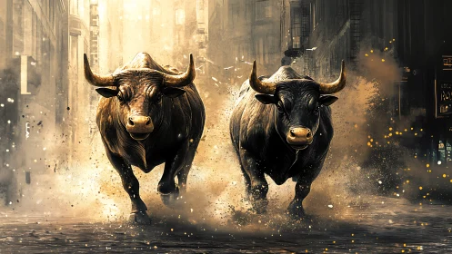 Urban thunder hooves: twin bulls storm through city dusk.