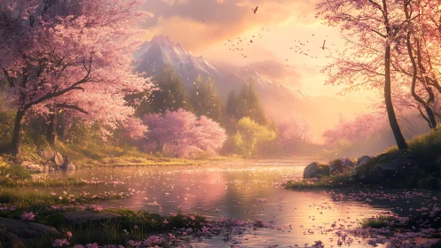 Sunlit cherry blossom valley reflects softly on tranquil water.