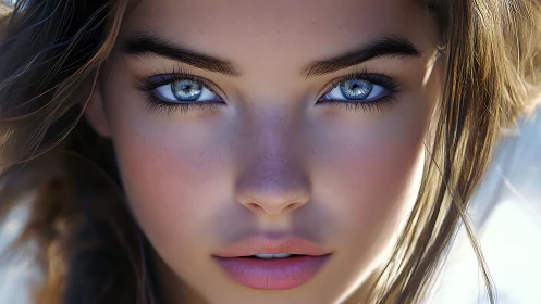Digitally rendered close-up portrait with blue eyes focus.