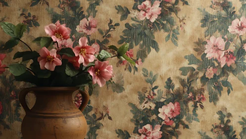 Clay-brown vase quietly echoes the wallpaper&rsquo;s blooming chorus